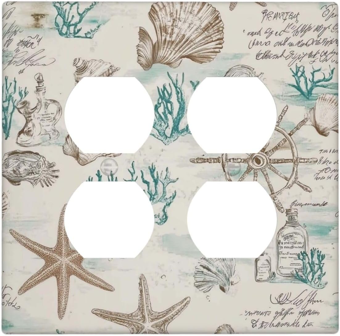 Mid Century Seashells Starfish Compass Outlet Covers 2 Gang Double Duplex Decorative Light Switch Covers Electrical Wallplates Socket Faceplate For Nursery Kids Room Decor
