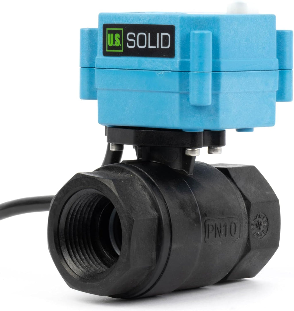 U.S. Solid 1” PPE Motorized Ball Valve with US Plug - Plastic Electrical Ball Valve, 2 Wire Auto Return, AC 110~230V, Normally Closed