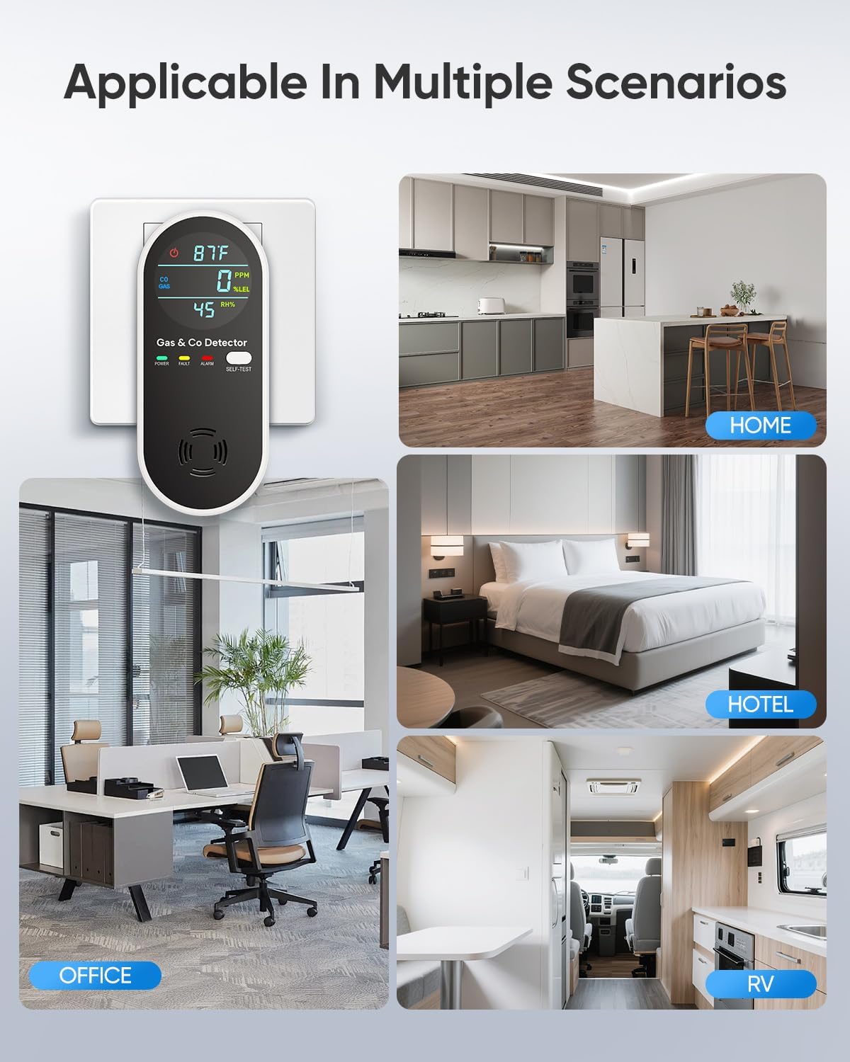 Carbon Monoxide Detectors & Natural Gas Detector, 4-in-1 Carbon Monoxide Detectors Plug in, Gas Leak Detector with Dual Alarms, Temperature & Humidity Sensor for Home, RV Essentials, Black, 3 Packs