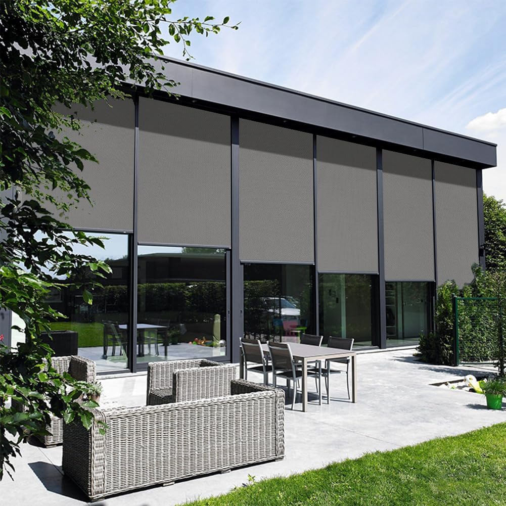ZSHINE Hard-Wired Outdoor Snow Blocking Weatherproof Motorized Patio Roller Shades Remote Control for Porch Balcony Customized Size (Light Grey 1% Openness)