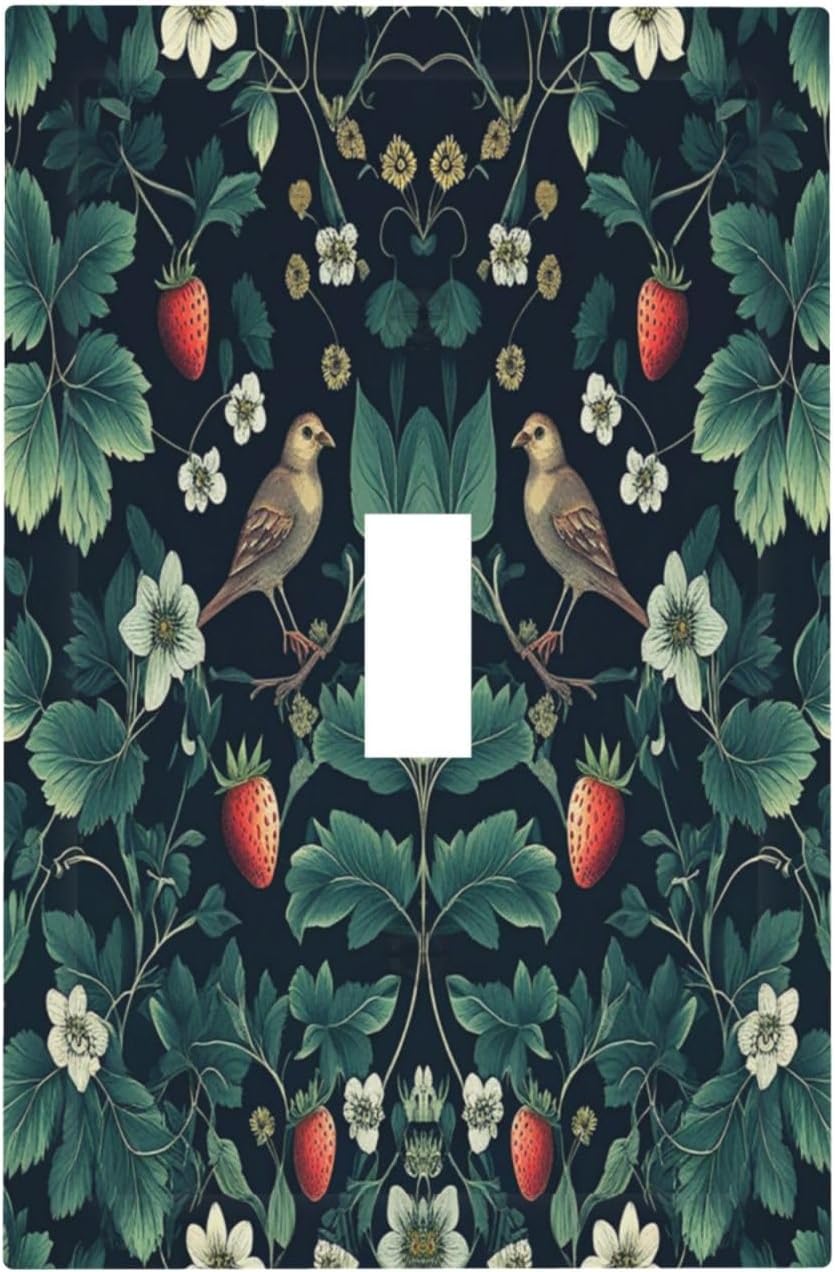 Decorative Light Switch Cover Strawberry Birds Flowers Plant Morris Floral 1 Gang Single Toggle Device Electrical Faceplate Switchplates Decorator Outlet Wall Plate for Bedroom Farmhouse