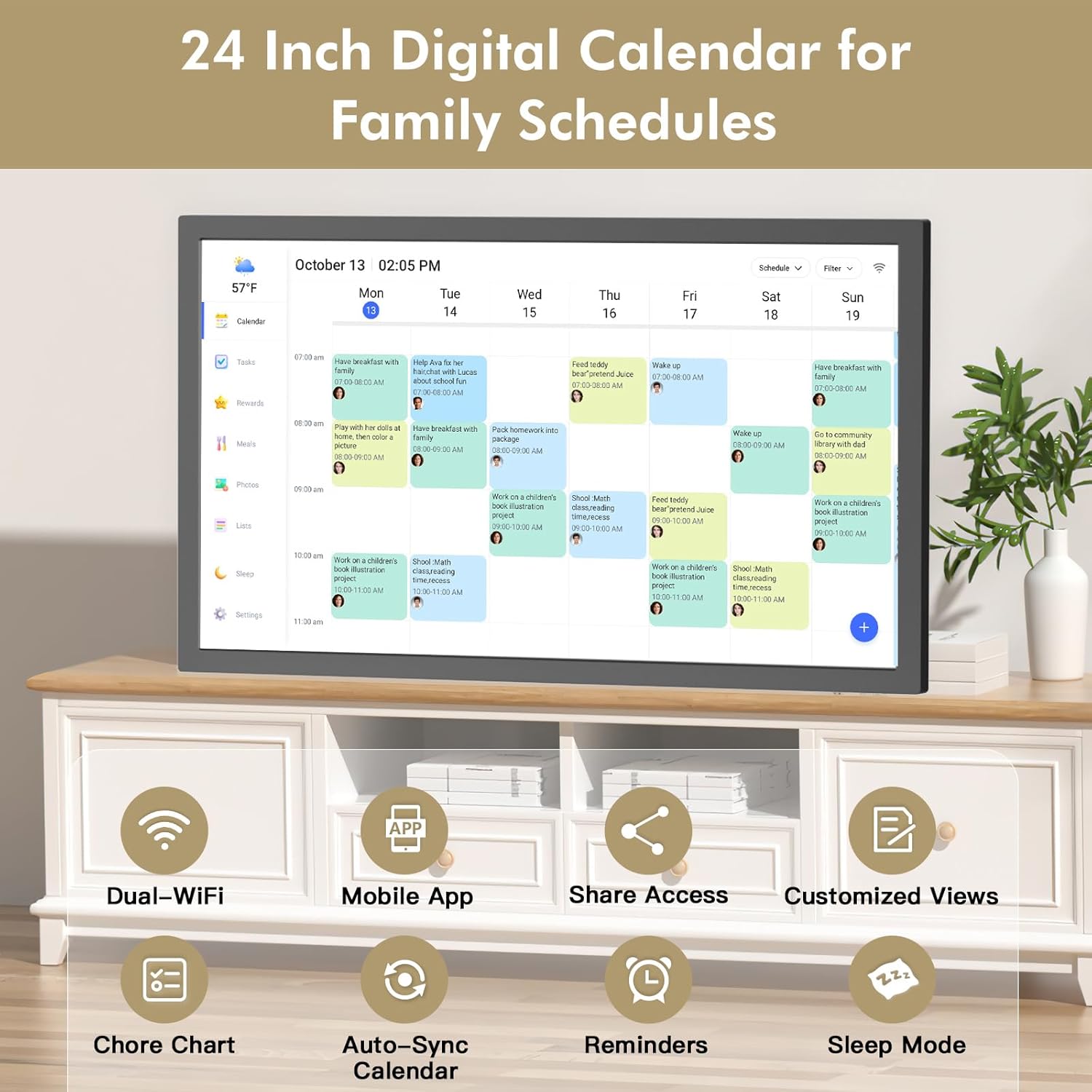 24" Smart Digital Calendar Chore-for-Family-Schedules - Wall Mounted Interactive Electronic Calendar Touchscreen Display for Bussiness To do List, Auto-Sync Google iCloud Outlook, Gift for Parents