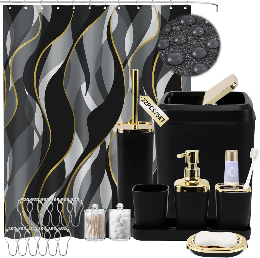 Black Bathroom Set, Bathroom Sets with Stripe Shower Curtain, Black and Gold Bathroom Accessories with Trash Can, Soap Dispenser, Soap Dish, Toilet Brush Holder, Qtip Holders for Bathroom