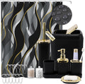 Black Bathroom Set, Bathroom Sets with Stripe Shower Curtain, Black and Gold Bathroom Accessories with Trash Can, Soap Dispenser, Soap Dish, Toilet Brush Holder, Qtip Holders for Bathroom