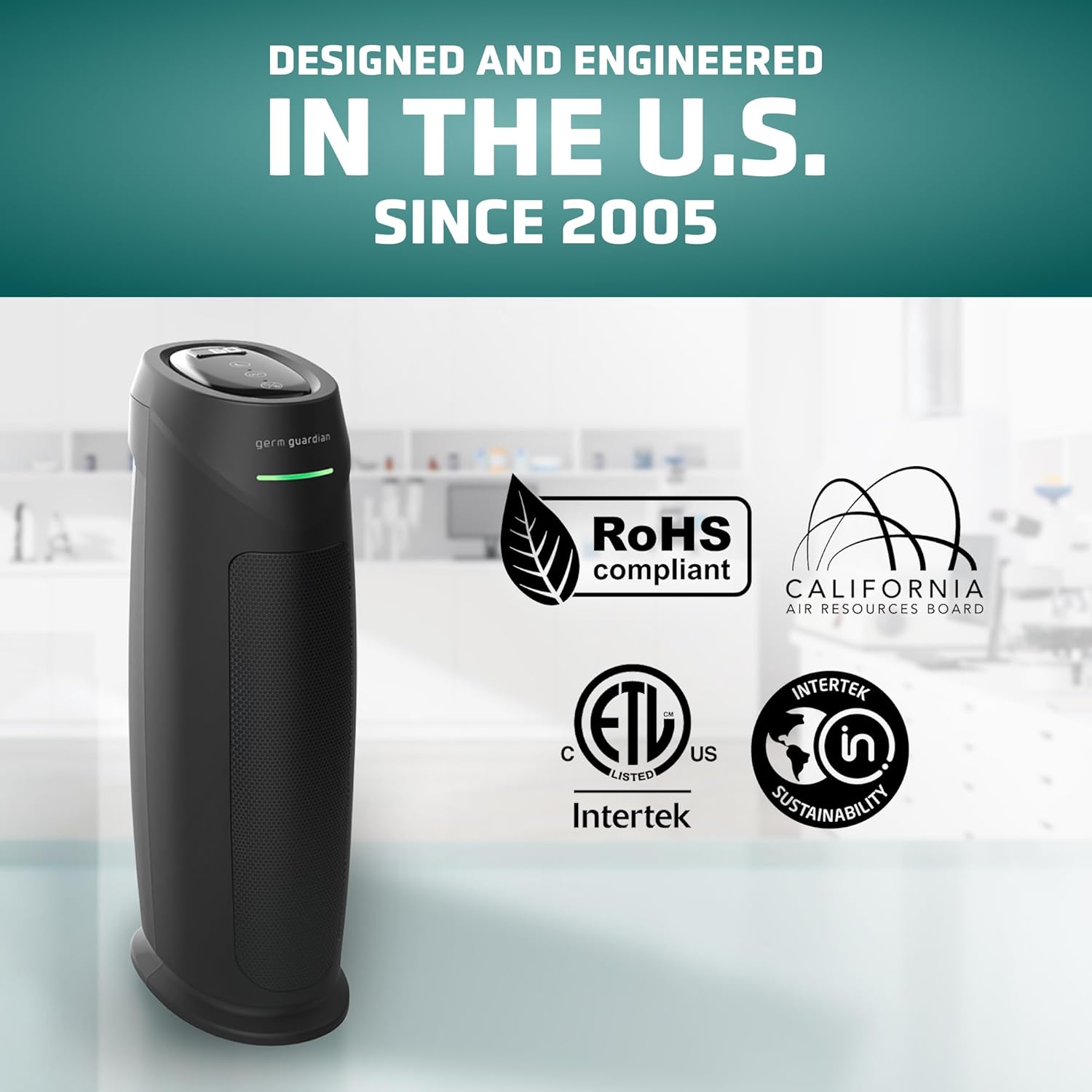 GermGuardian HEPA Air Purifier for Home, Large Rooms Up To 743 Sq. Ft. with HEPA PURE Air Filter, Air Quality Monitor & UV-C Light, AC4880B, 22" Tower, Black