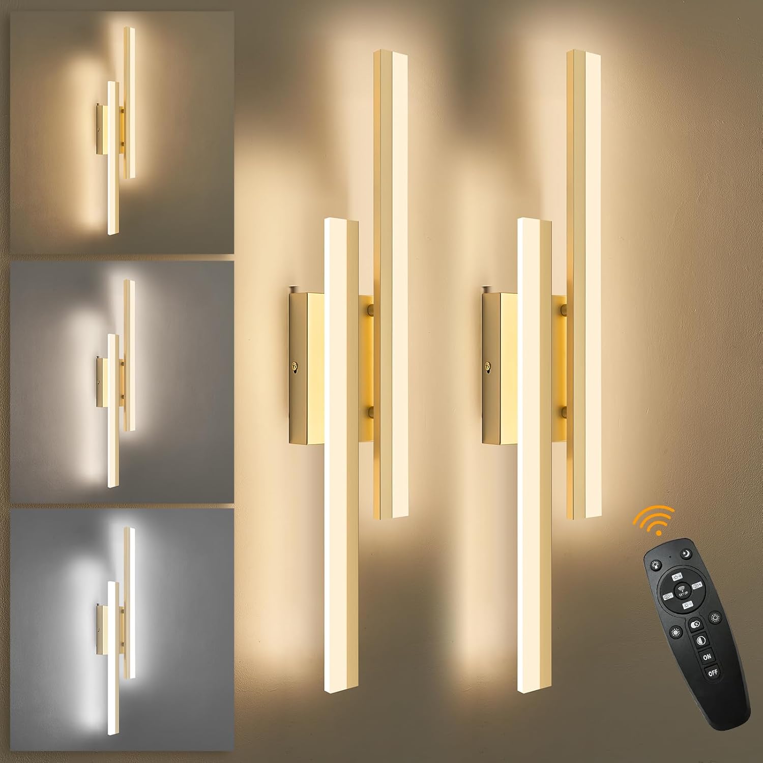 LED Wall Sconce Set of 2 Gold Remote Modern LED Vanity Lights Set of 2 Indoor Wall Light Fixtures for Living Room, Dimmable Wall Sconce for Bedside Bedroom Bathroom, 23.6inch 2 Pack