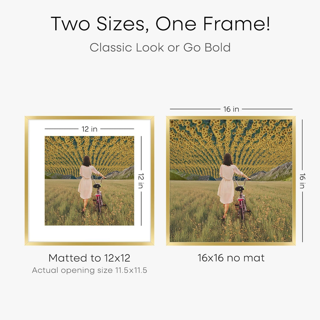 Homeforia 16x16 Picture Frame Gold, High End Metal 16 x 16 Square Poster Frame with Mat 12 x 12 Photo, 16x16 Frame Matted to 12x12 Print, 16by16 Gold Hanging Frames, Tempered Glass, Wall Kit, Set of 3