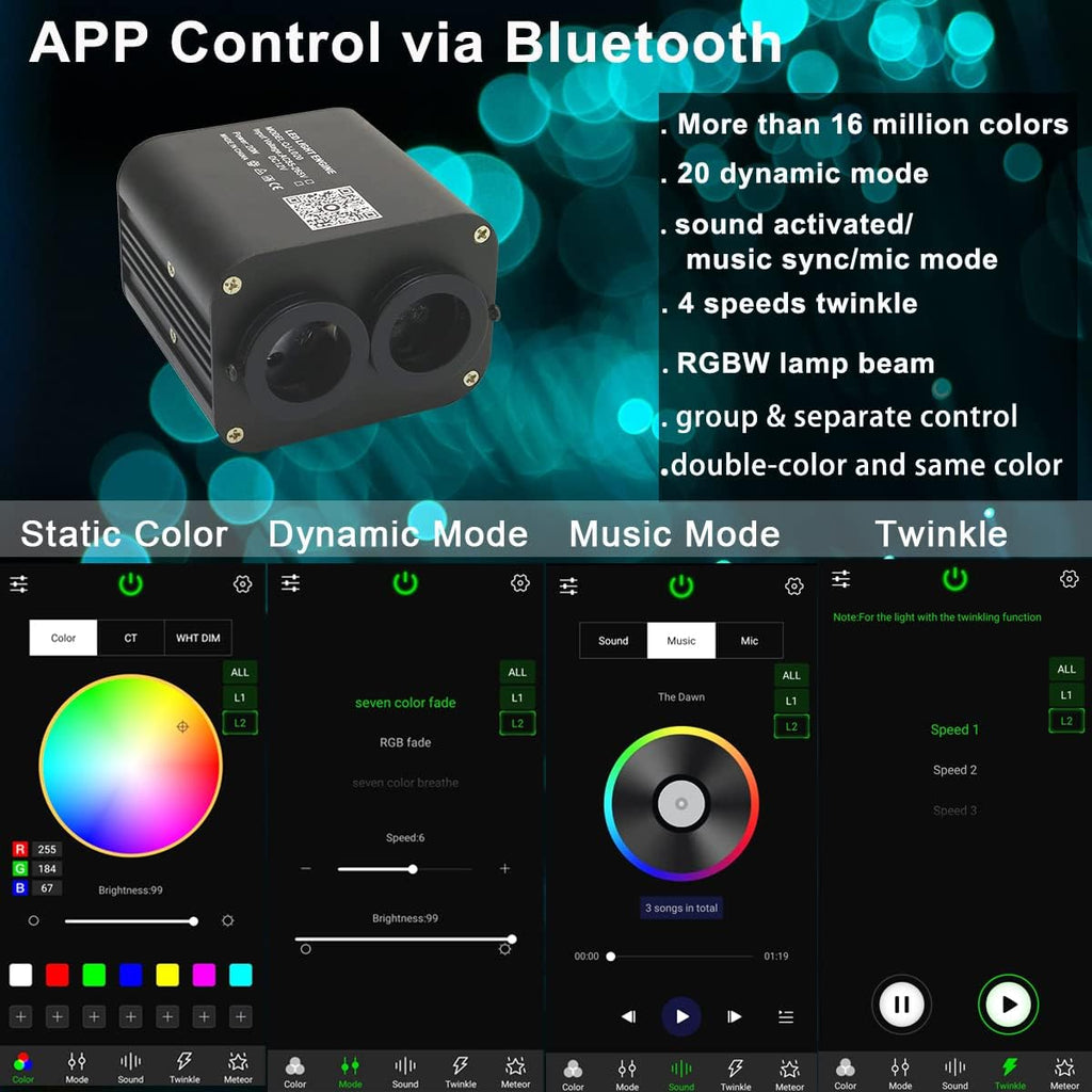 AZIMOM Dual Color 20W Twinkle Fiber Optic Starlight Kits 400pcs*0.03in*9.8ft Fiber Strands End Glow Sound Activated Remote APP Control RGBW Light Source Home Ceiling Car Headliner Décor