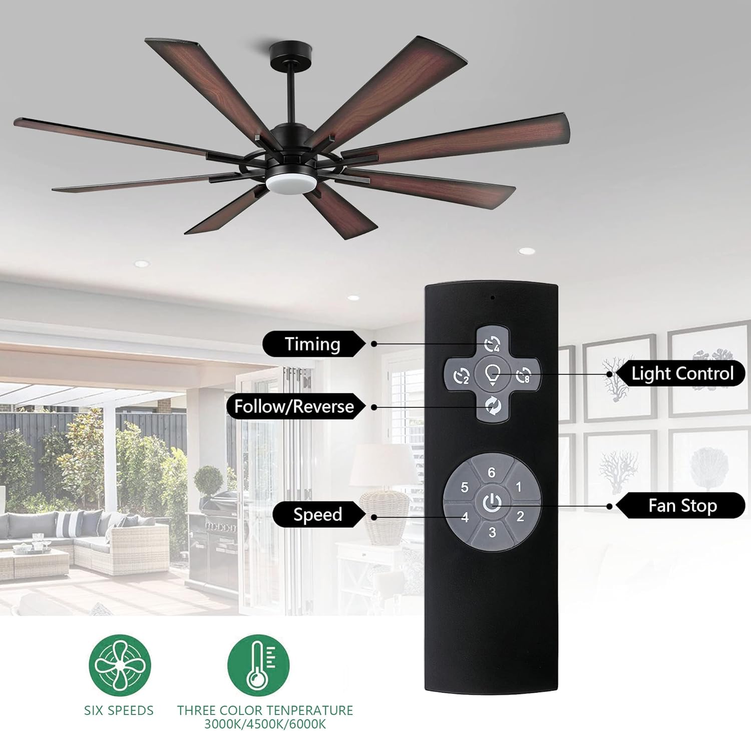WINGBO 72" DC Ceiling Fan with Lights and 3 Downrods, Matte Black Ceiling Fan with Walnut/Walnut Shadowed Reversible Blades, 6-Speed DC Motor, Indoor Ceiling Fans for Kitchen Bedroom Living Room