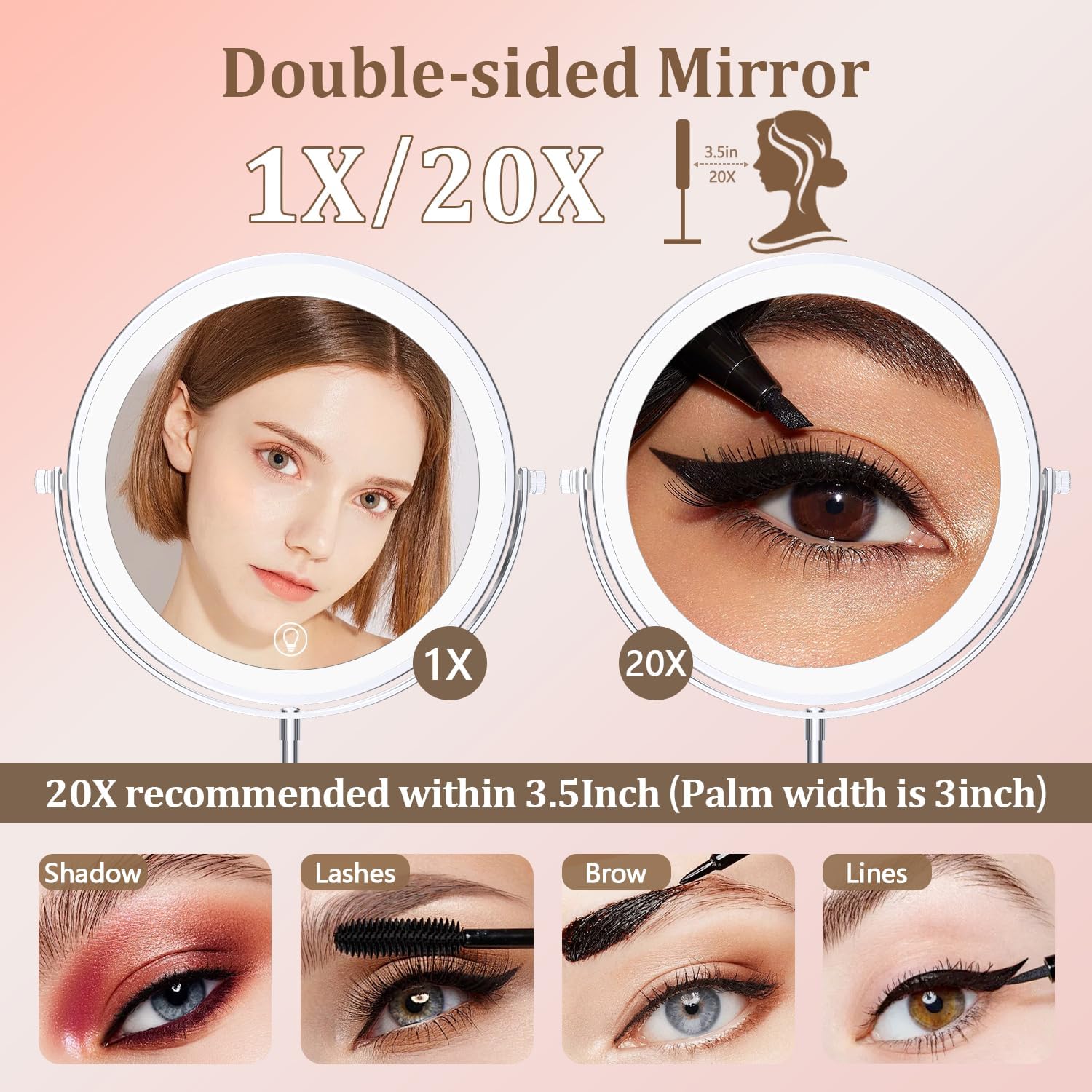 Unimiro 9inch Makeup Mirror with Lights, 1x/20x 5000mAh Makeup Mirrors with Light and Magnification, 360° Rotate Makeup Mirror with Lights and Magnification, 3 Color, 80 LEDs, Stepless Dimmable