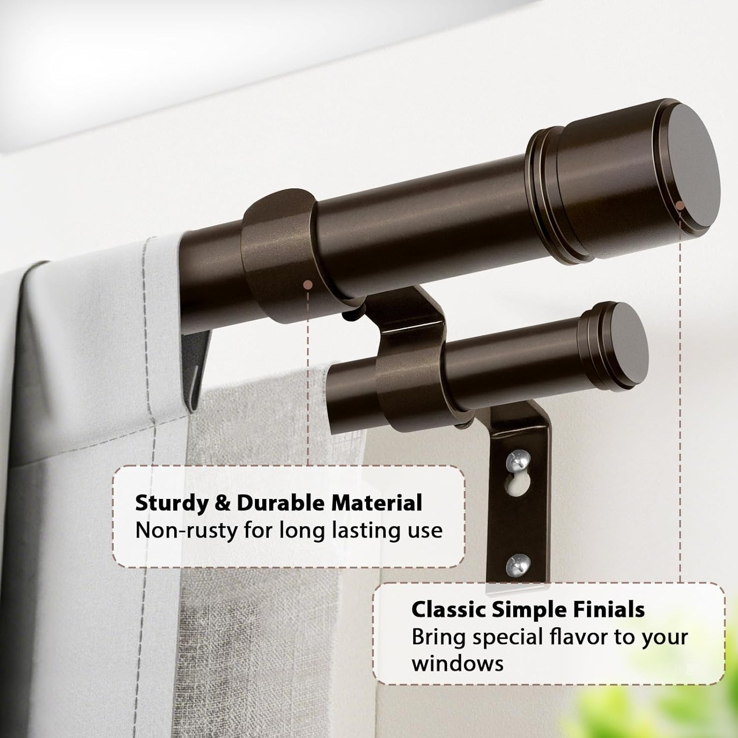 Double Curtain Rod 36 to 72 Inch, HOTOZON 1 Inch Heavy Duty Double Curtain Rods for Windows 24 to 68 Inches(2-5.6 ft), Telescoping Drapery Rod with Simple End Finials, Bronze