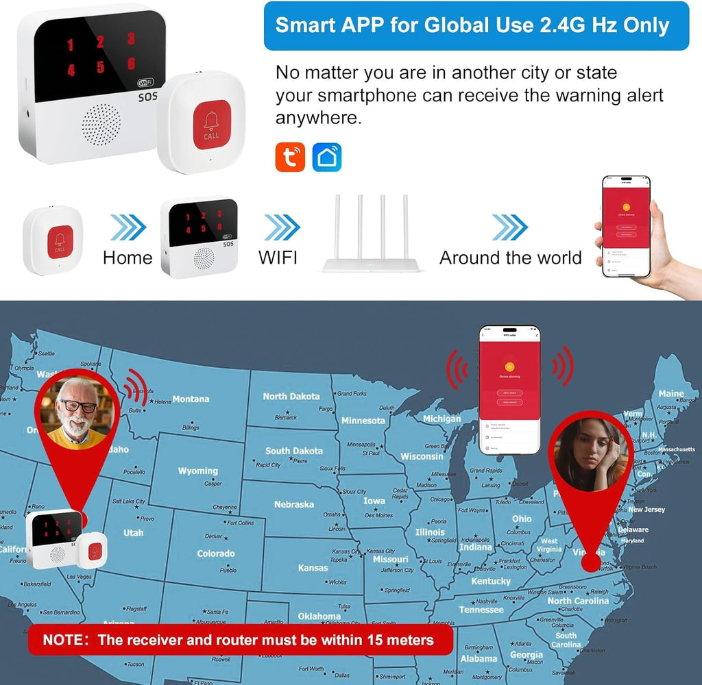 Life Alert Systems for Seniors No Monthly Fee, App-Controlled Pager, Medical Alert Systems for Seniors LED Number Display 2Call Button 1Receiver(Only Supports 2.4GHz Wi-Fi) (Neck Remote Control)