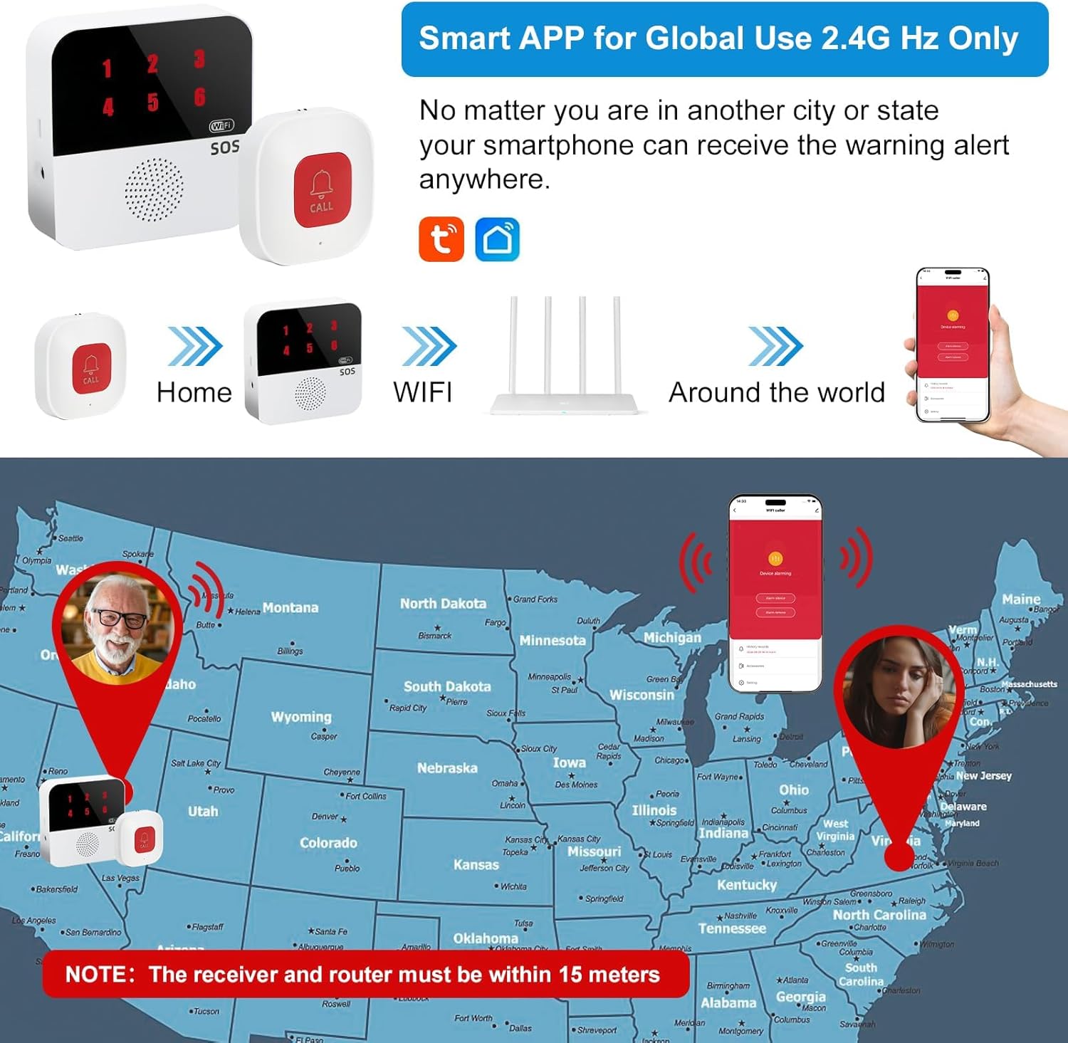 Life Alert Systems for Seniors No Monthly Fee, App-Controlled Pager, Medical Alert Systems for Seniors LED Number Display 2Call Button 1Receiver(Only Supports 2.4GHz Wi-Fi) (Neck Remote Control)