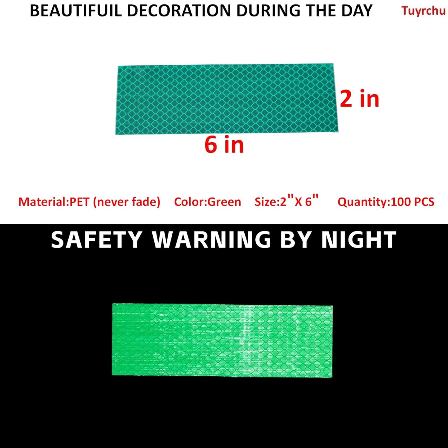 Non Fading Green Reflective Stickers 2 inch X 6 inch, Outdoor Waterproof High Visibility Warning Safety Adhesive Reflector Tape (100 Pcs)