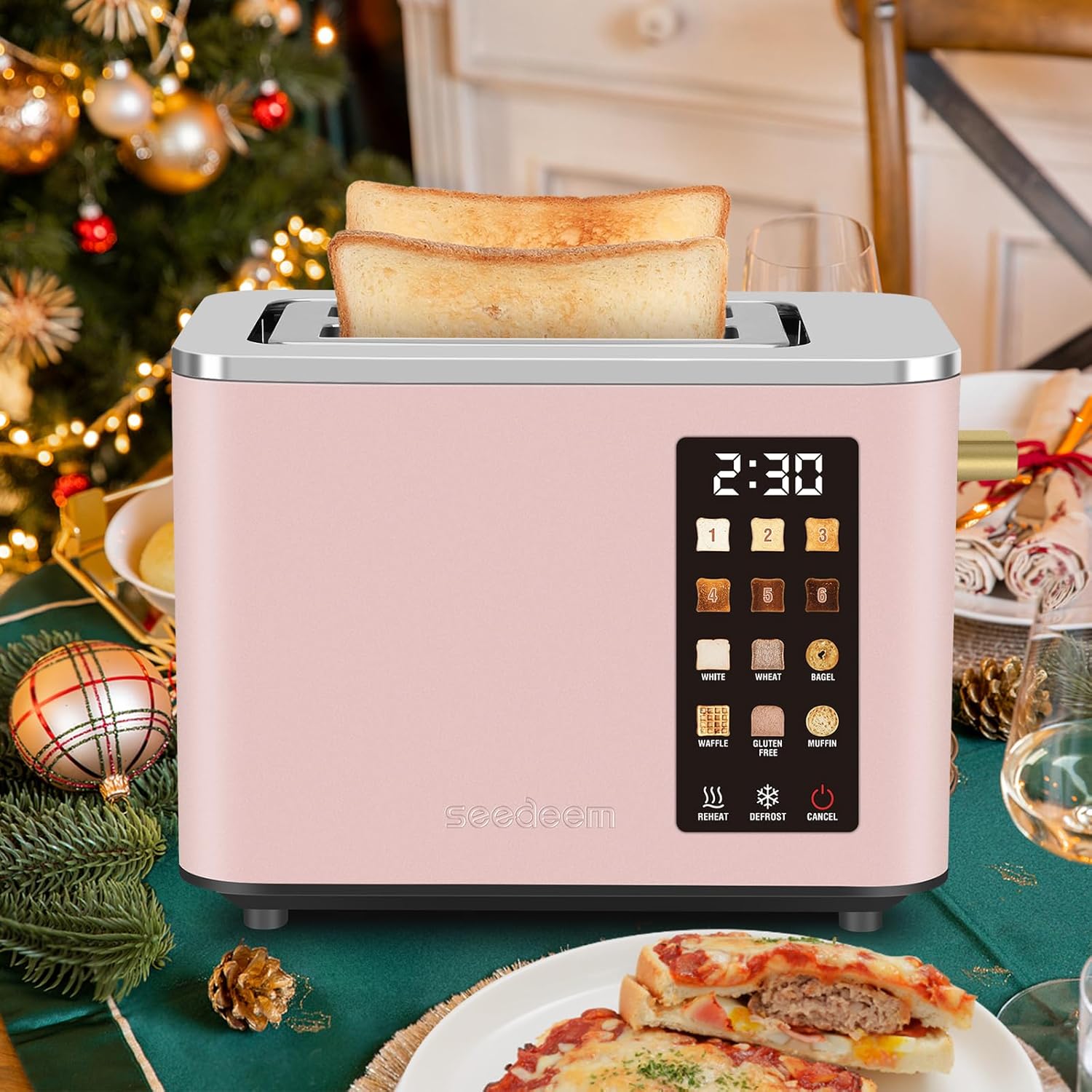 SEEDEEM Toaster 2 Slice, Touch Control Screen, Smart Stainless Toaster, 6 Shade Setting, 6 Bread Selection, Countdown, Removable Crumb Tray, 900W, Peach Pink