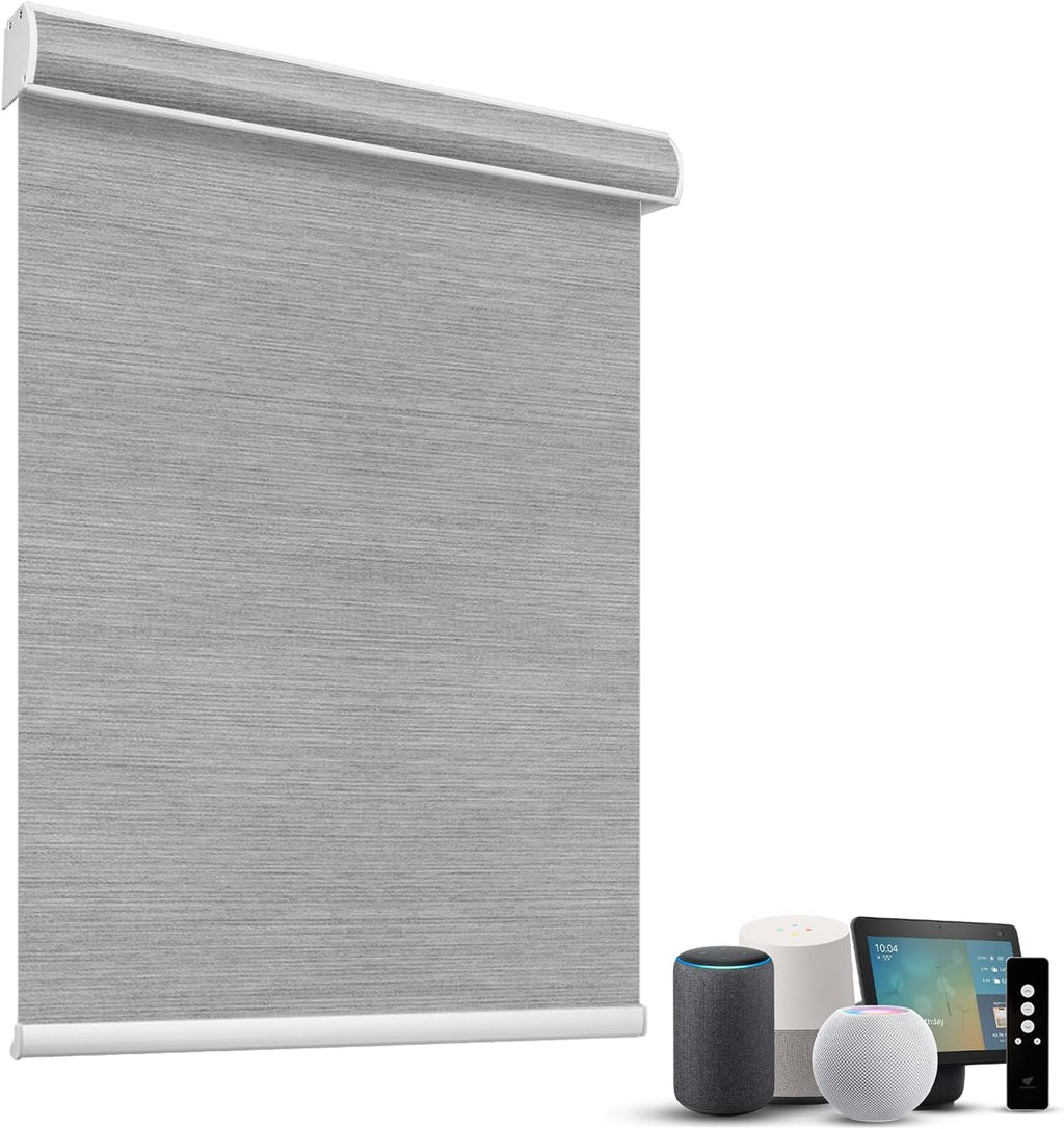 SmartWings Motorized Light Filtering Shades, 50% Blackout PVC Free Smart Blinds, Custom Size, Rechargeable Battery, Works with Matter/Apple HomeKit, Alexa, Thread/Zigbee, Remote Optional, 50% Silver