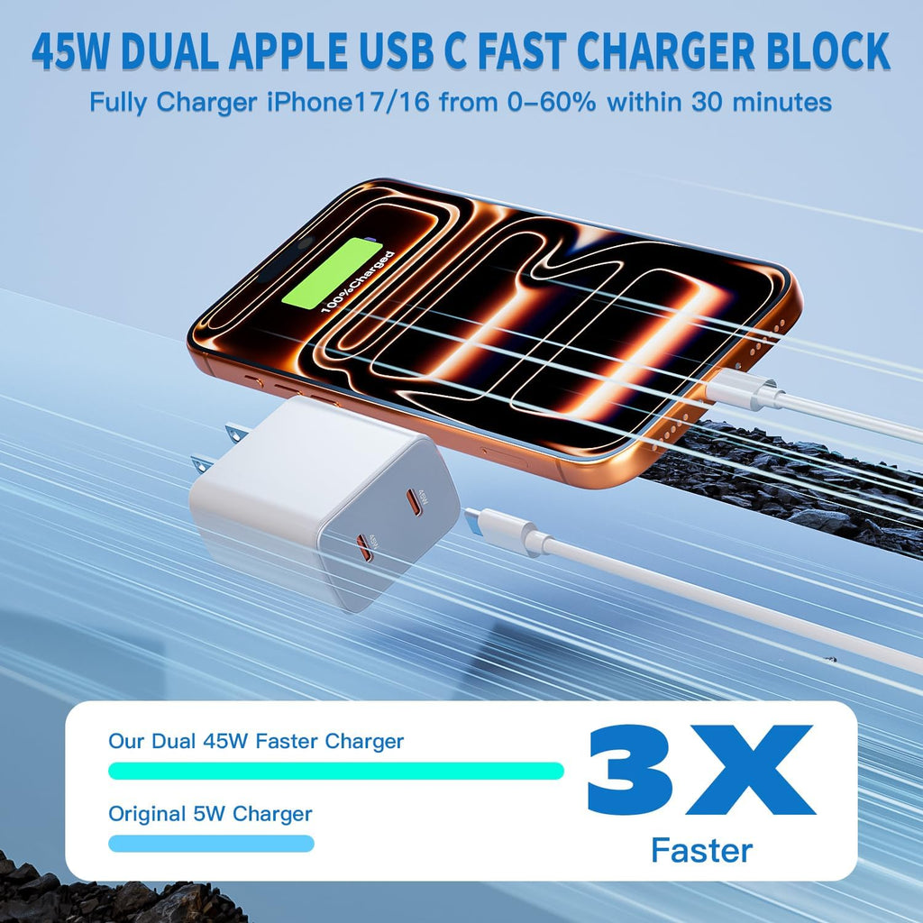 45W 2 Pack Super Fast Charger USB C Dual Port with 2×10FT White Type-C Charger Cord Block for iPhone17/17air/17 Pro/16/16e/16Pro Max/15/15Plus,i Pad,Compact Plug for Home/Travel, Safe & Durable Design