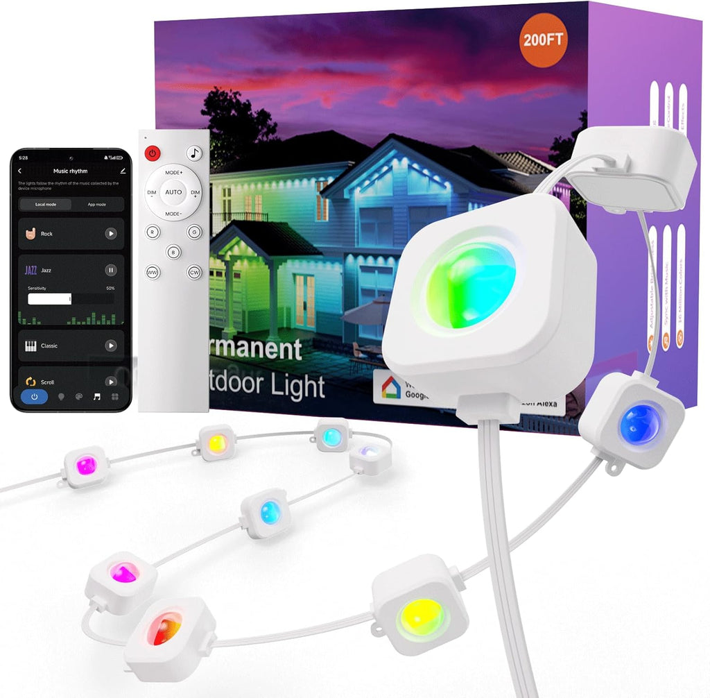 Fitop Permanent Outdoor Lights, 200FT RGB Smart LED Eaves Lights for House, Extendable Waterproof Outdoor Lights Strip, Music Sync, APP/Voice/Remote Control, Compatible with Alexa/Google