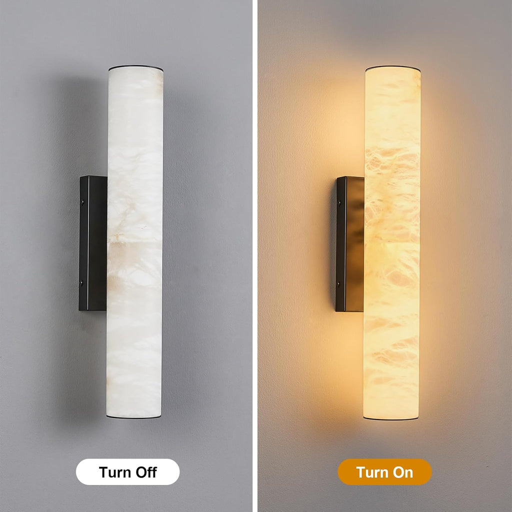 LMQNINE Natural Alabaster Wall Sconces Set of Two Spanish Marble Wall Light Cylinder Modern Black LED Sconce for Living Room Bedroom Bathroo Stairs（S-2Pack）