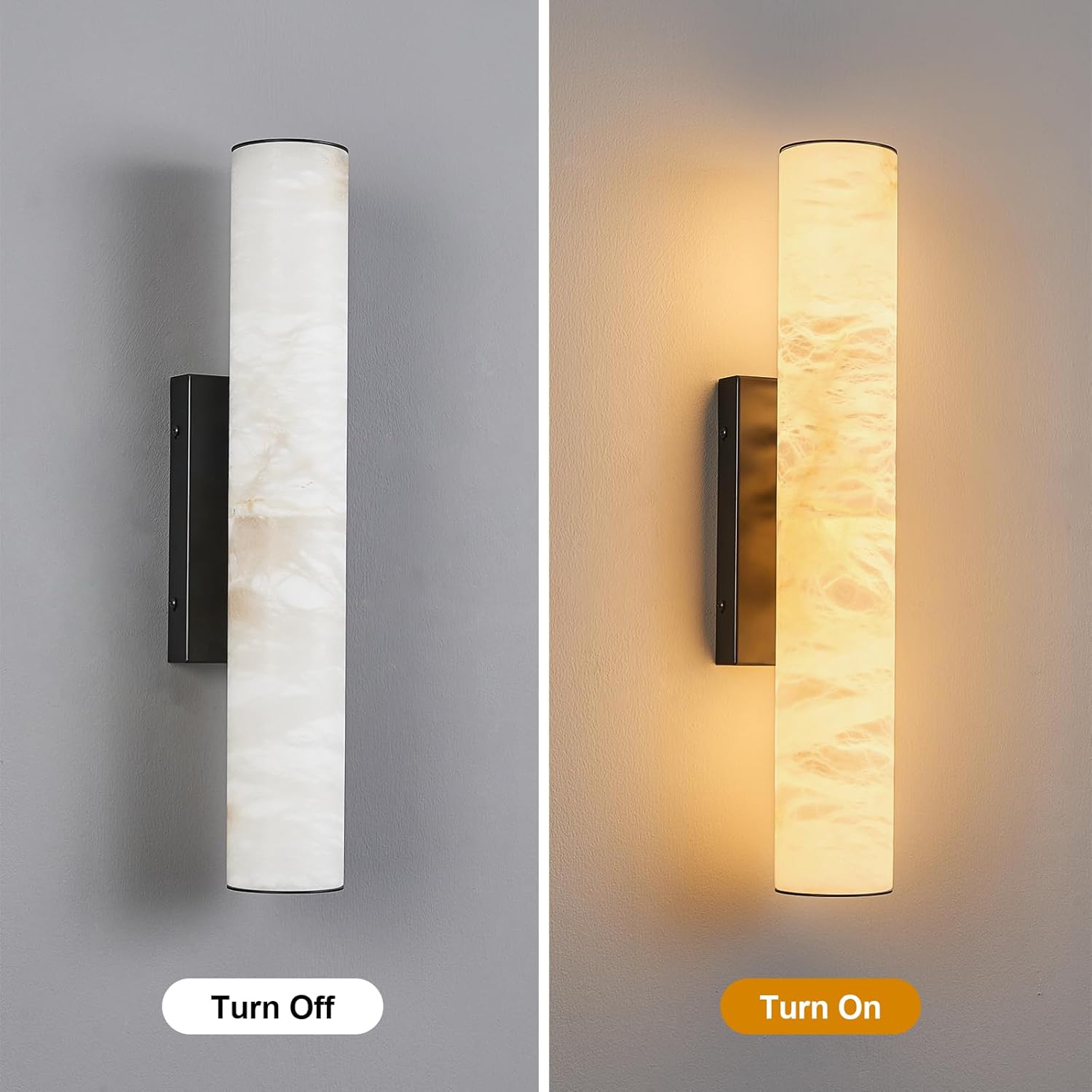 LMQNINE Natural Alabaster Wall Sconces Set of Two Spanish Marble Wall Light Cylinder Modern Black LED Sconce for Living Room Bedroom Bathroo Stairs（S-2Pack）