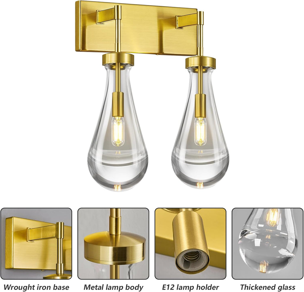 Raindrop Wall Sconces Gold Crystal Sconces Wall Decor Modern Lighting Glass Bathroom Sconces Indoor Vanity Light Wall Lamp for Bedroom Living Room Stair(2-Light)