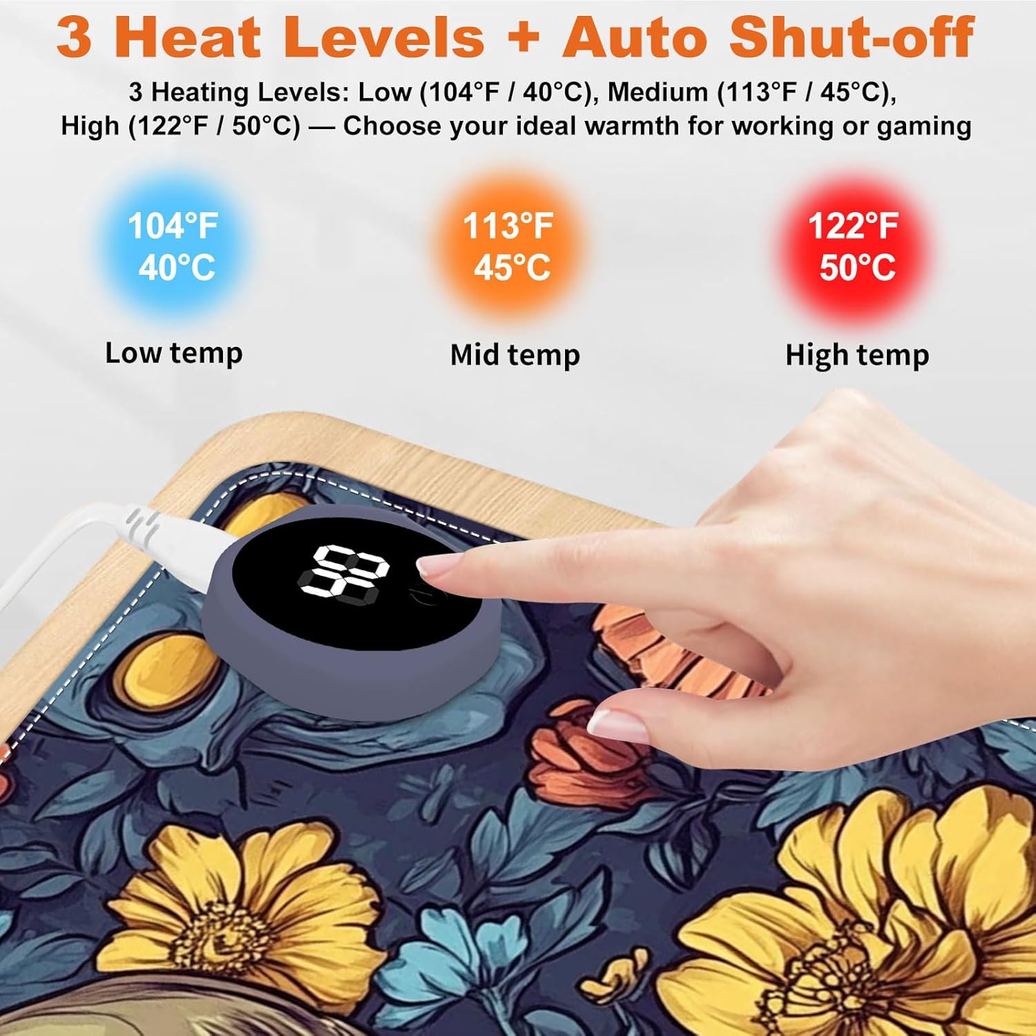 Small Heated Desk Pad 23.6" x 14.2" – Compact Electric Mouse Pad with 3 Heating Levels, Auto Shut-Off, Waterproof PU Surface, Plug-in Warmer for Office or Home Use, Floral Skull