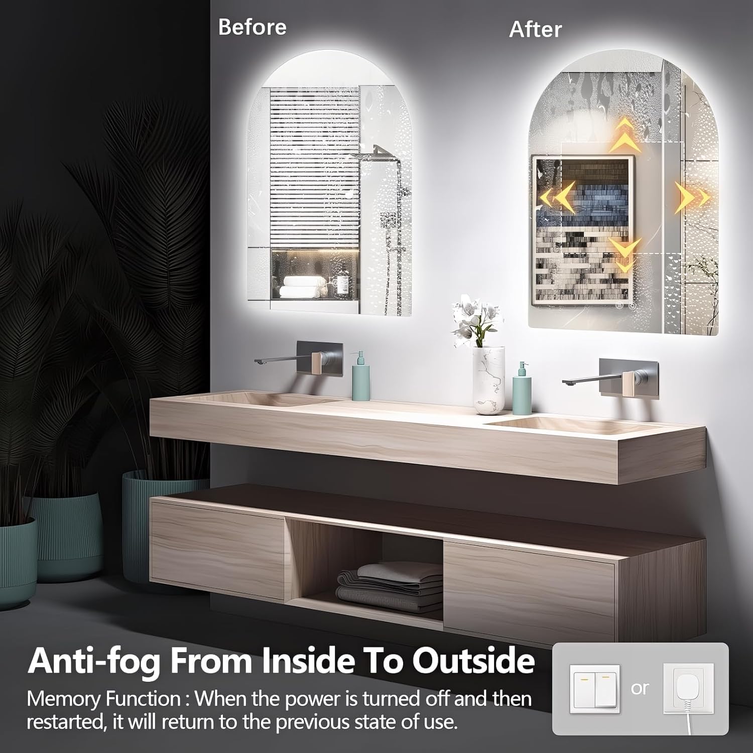 Niccy Arched LED Bathroom Mirror, 51x27 Inch Arch Frameless Backlit Mirrors for Wall Arched Lighted Vanity Mirrors Defogger and 3 Color, Explosion-Proof, HD Glass and IP65 Waterproof