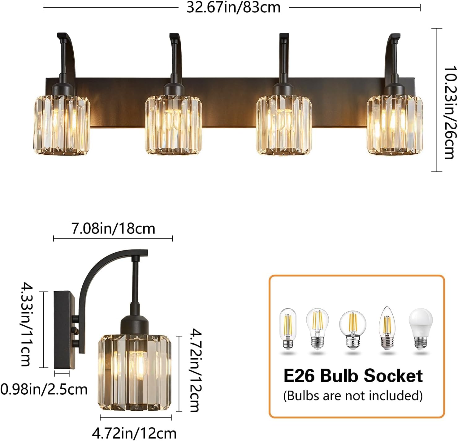 4-Light Crystal Vanity Light, Modern Black Bathroom Wall Sconce with K9 Crystal Shades, 32.67" Long Over Mirror Lighting for Vanity, Makeup, Hallway, Elegant & Easy Install