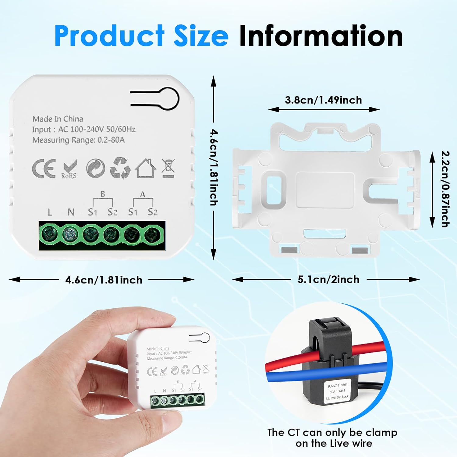 Smart Home Energy Monitor, with 2 x 80A CTs, Bi-Directional Power Tracking, Real-Time Electricity Usage Monitor, 2.4GHz Wi-Fi, Compatible with Tuya/Smart Life Apps