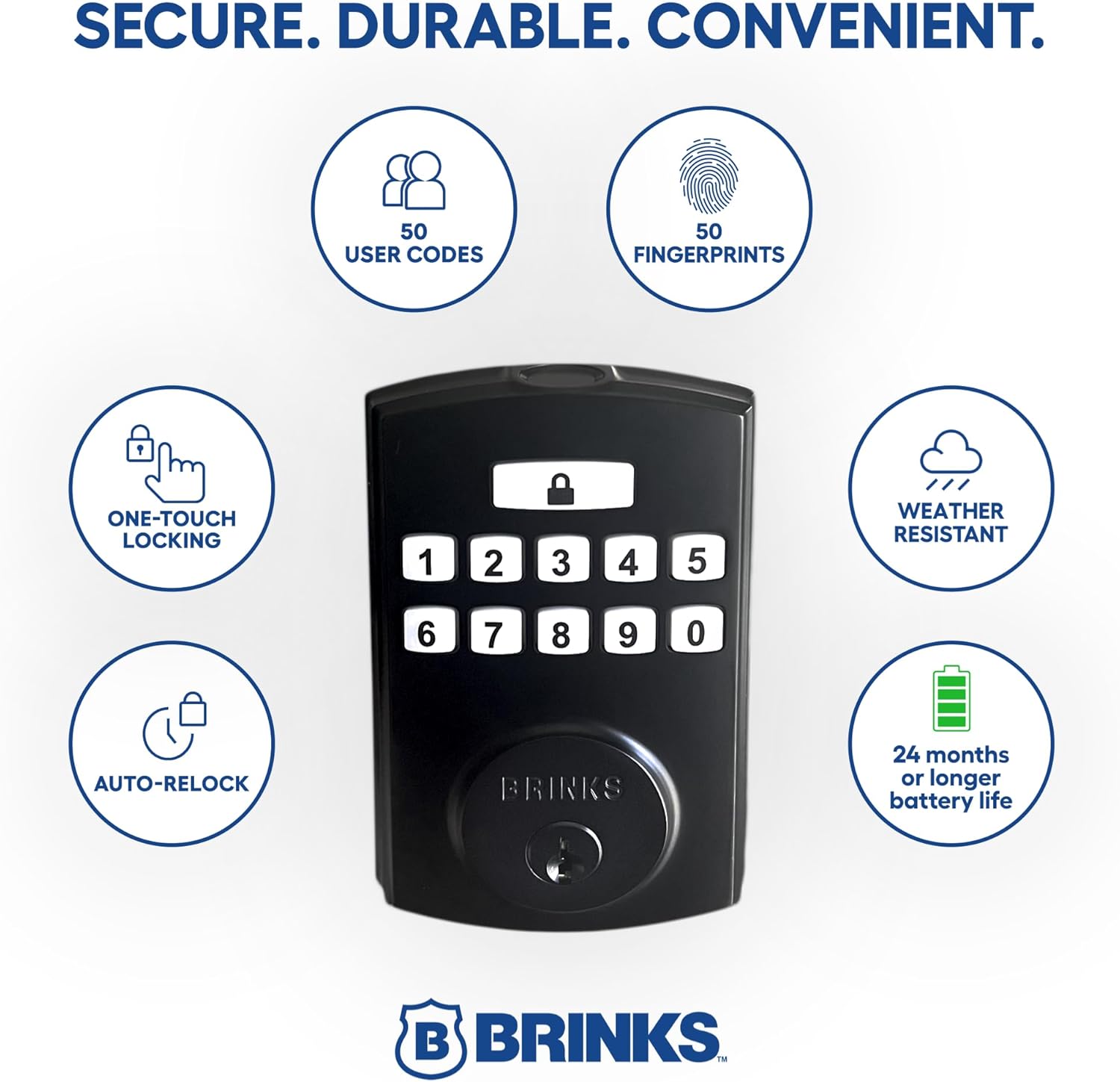 BRINKS Security Door Locks, High-Security Keyless Entry, Smart Electronic Door Lock with Deadbolt, Up to 50 Codes, Automatic Locking (Deadbolt & Passage Lever, Matte Black)