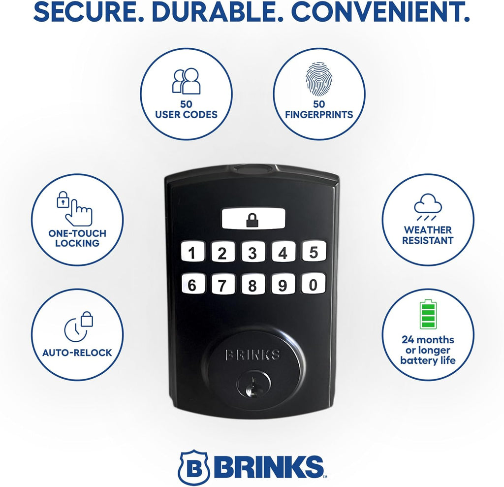 BRINKS Security Door Locks, High-Security Keyless Entry, Smart Electronic Door Lock with Deadbolt, Up to 50 Codes, Automatic Locking (Deadbolt, Matte Black)
