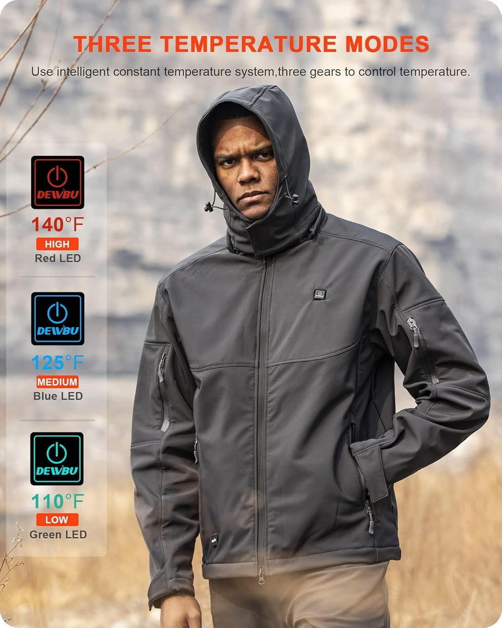 DEWBU Soft Shell Heated Jacket for Men with 12V Battery Pack and Detachable Hood Outdoor Electric Heating Coat