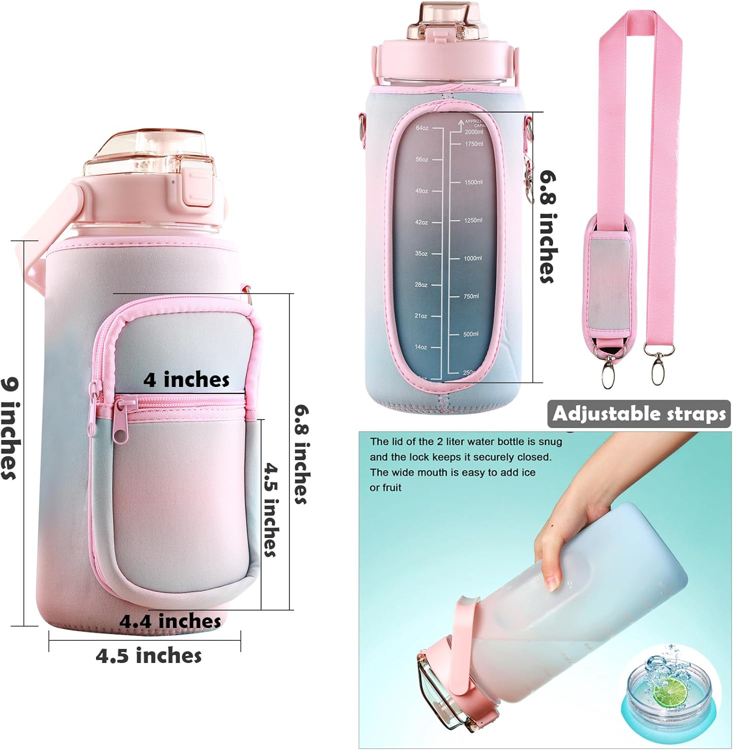 Half Gallon Water Bottle with Sleeve & Strap 64 OZ Motivational Water Bottles with Straw Large Wide Mouth Water Jug with Time Marker for Fitness, Gym and Outdoor Sports, Leak-proof & BPA Free,