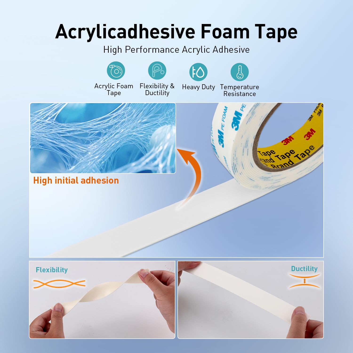 Double Sided Tape Strong Foam Tape 3/4" x 18Ft Made of 3M Heavy Duty Mounting Tape Waterproof PE Foam Adhesive Strips for Posters Alarm Sensors Window Shades and Other Home Office Deco