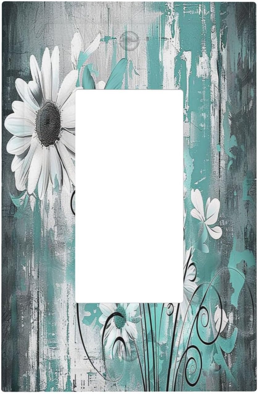 Decorative Outlet Covers Teal Daisy Floral Vintage Wood Plank 1 Gang Single Rocker Light Switch Cover Plate Wall Plates Gfci Faceplate For Farmhouse Cabin Decor