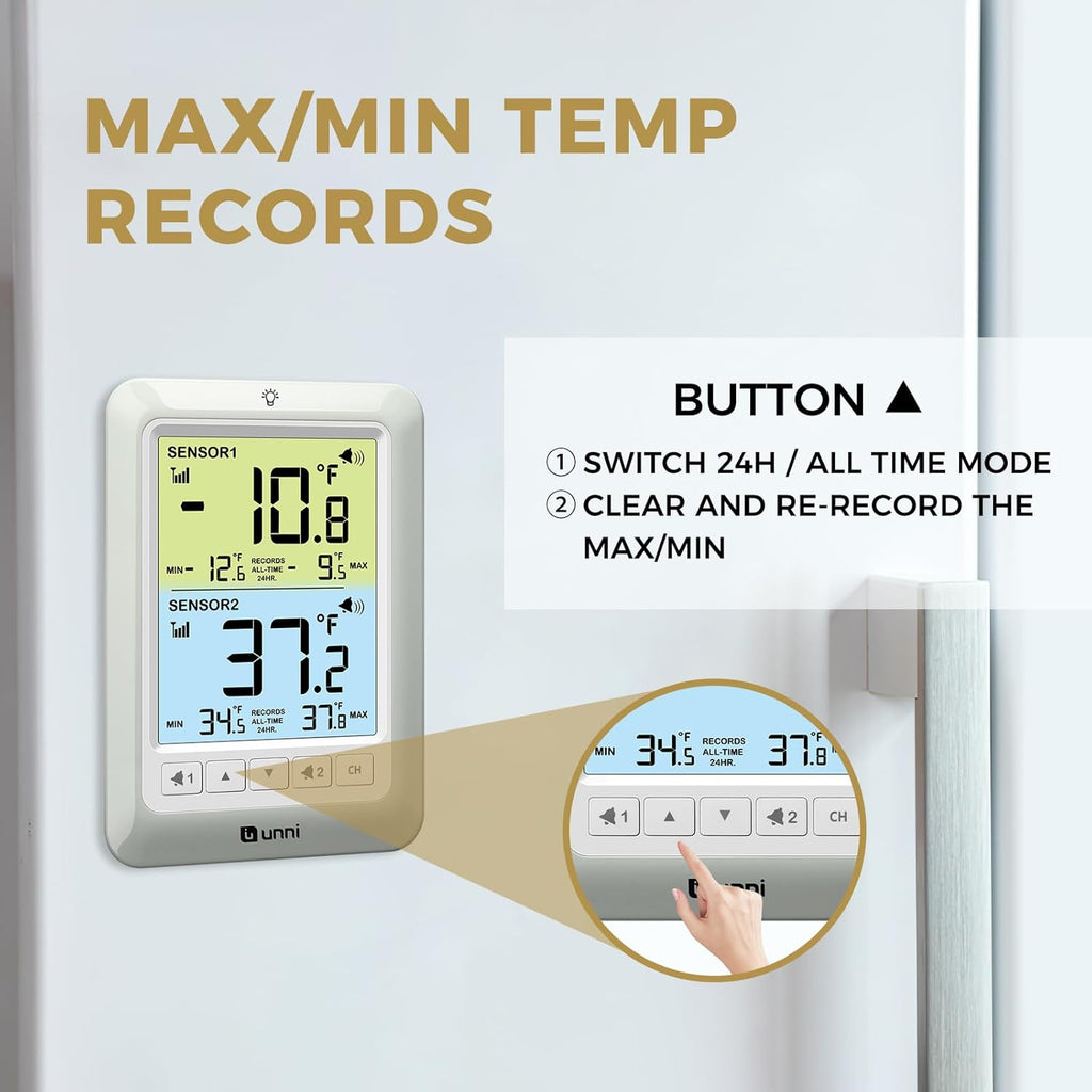 Refrigerator Thermometer with Alarm, Digital Wireless Fridge and Freezer Thermometer, Max Min Temperature Records with Magnetic & Stand Options for Home Restaurant