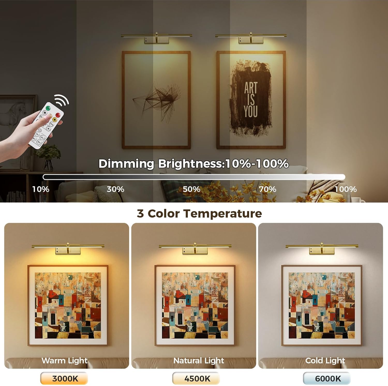 Joosenlux modern brass picture light - 16in rechargeable wireless wall lights with Remote, adjustable Swing Arm, dimmable 3cct battery operated lamp for art Display, photo gallery canvas and paintings