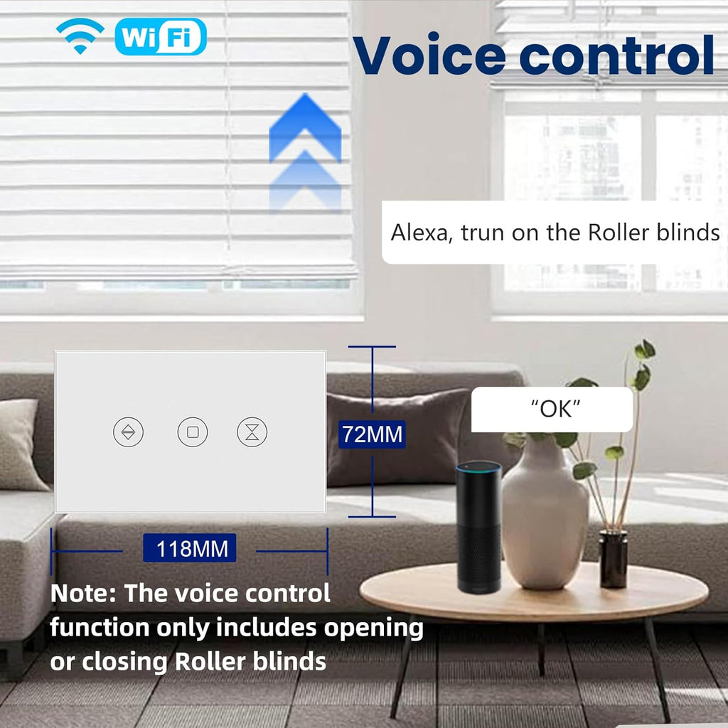 Smart Roller Shutter Switch 118X72X34MM Need Neutral Wire,2.4GHz WiFi Roller Shutter Switch, Tempered Glass Panel, Compatible with Alexa and Smart Life, White WiFi-Roller Shutter