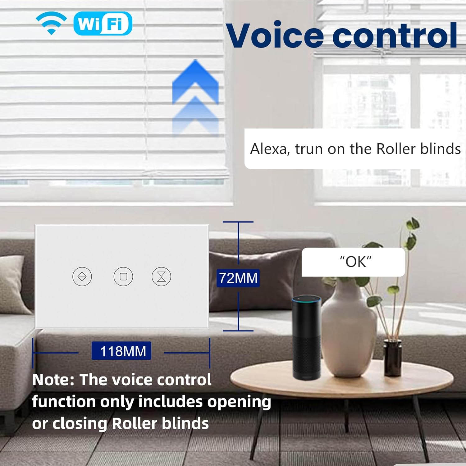 Smart Roller Shutter Switch 118X72X34MM Need Neutral Wire,2.4GHz WiFi Roller Shutter Switch, Tempered Glass Panel, Compatible with Alexa and Smart Life, White WiFi-Roller Shutter