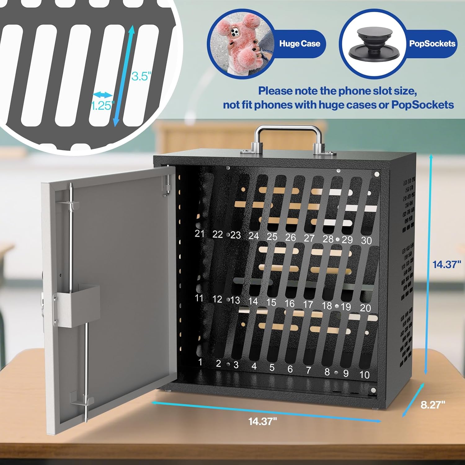 POCHAR Metal Cell Phone Storage Cabinet with Lock 30 Slots Desktop Holder for Classroom and Office,Wall-Mounted Phone Box, Portable Cell Phone Cubby