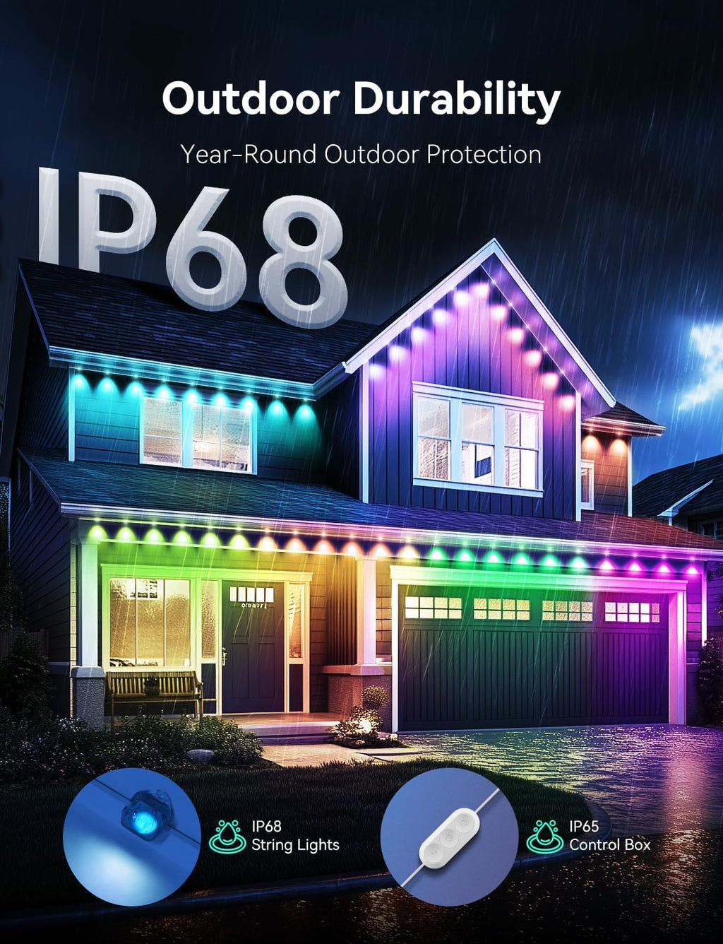 RGB+IC Permanent Outdoor Lights -Smart Eave Lights for House 200ft with 144 LED IP67 Waterproof Eternity Lighting for Daily Decor, Work with Remote, APP, Alexa, Google Assistant