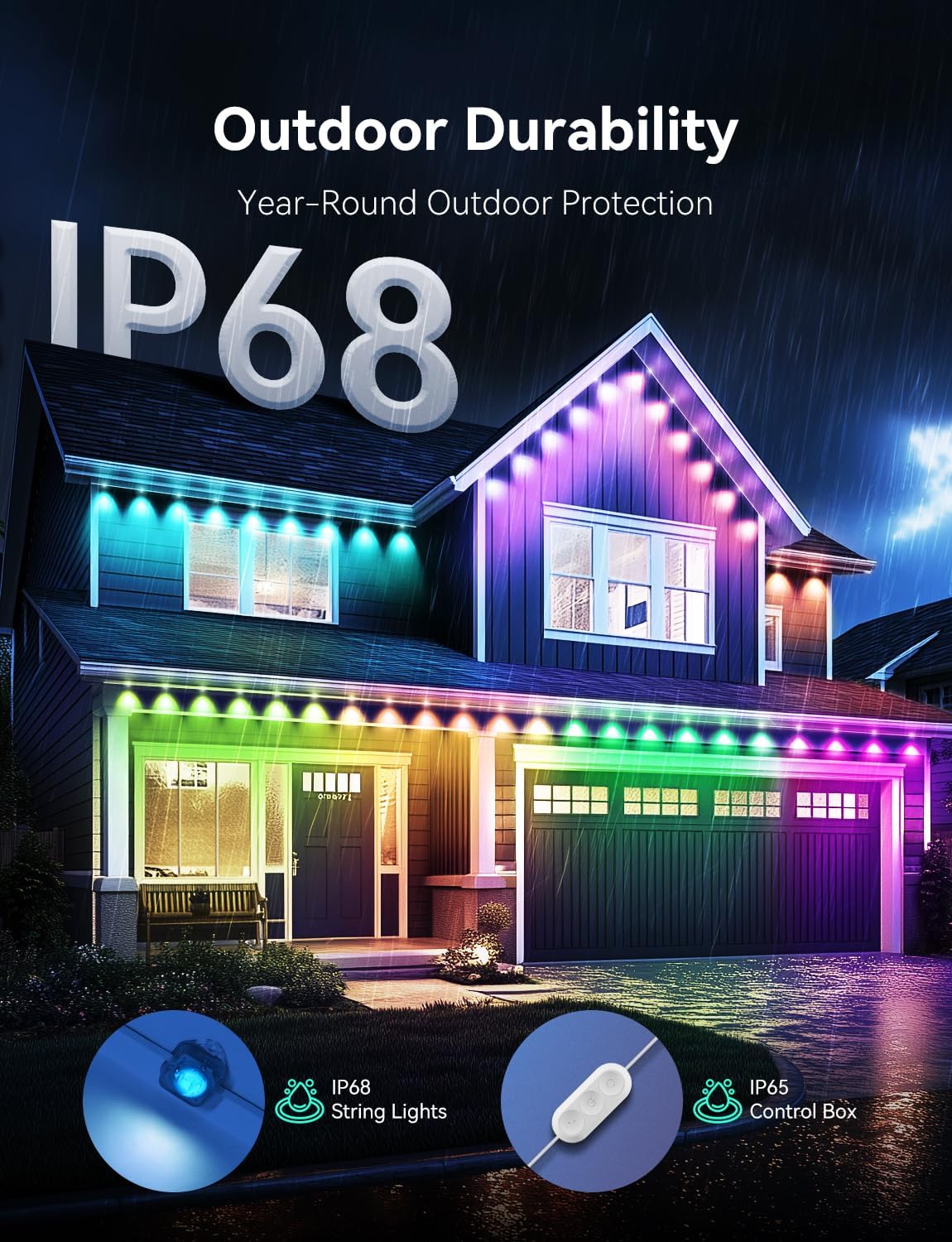 RGB+IC Permanent Outdoor Lights -Smart Eave Lights for House 200ft with 144 LED IP67 Waterproof Eternity Lighting for Daily Decor, Work with Remote, APP, Alexa, Google Assistant