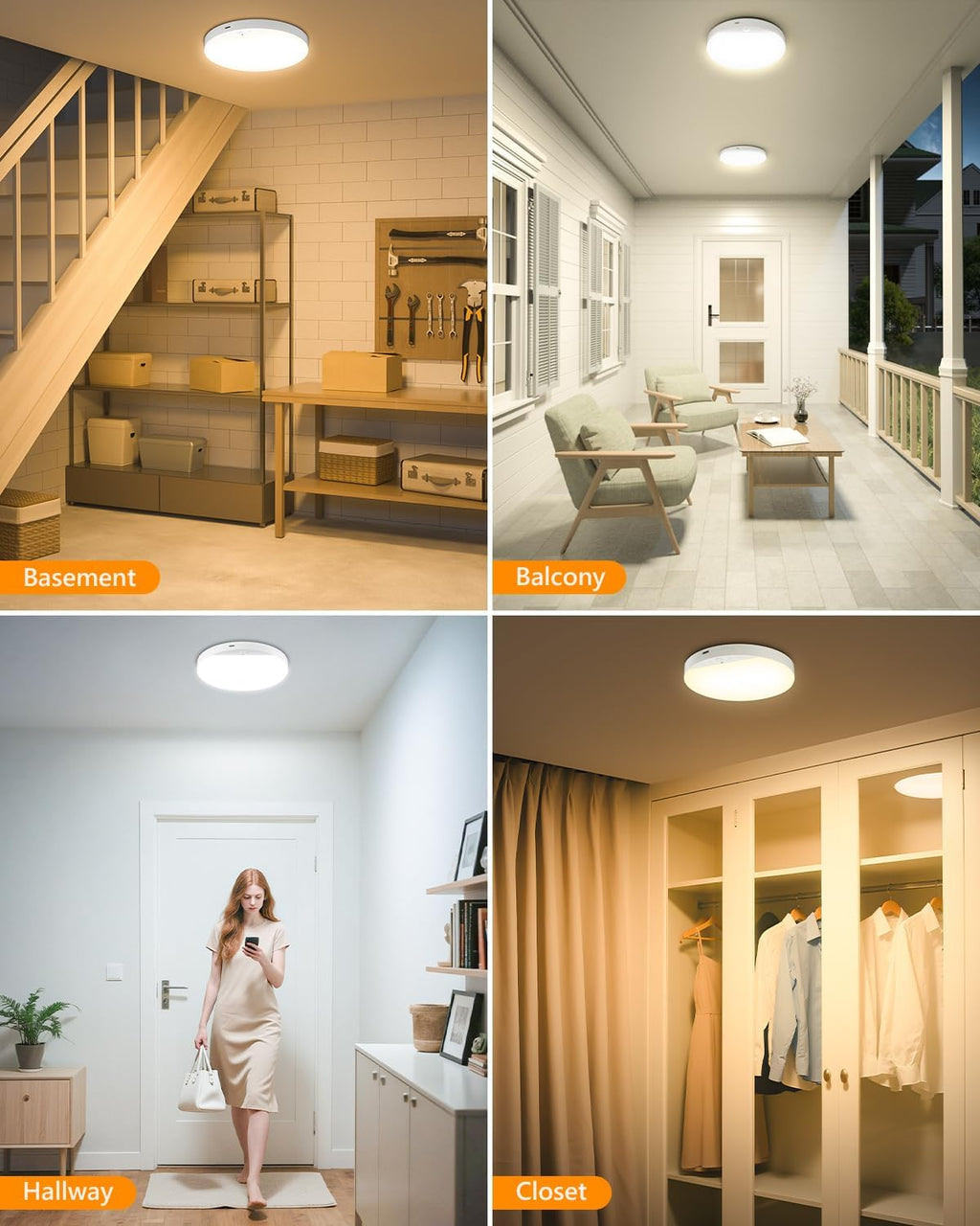 Rechargeable 8W Motion Sensor Ceiling Light Indoor, No Wiring & Magnetic Stick-On, Remote Control for Color & Brightness, Battery Operated Light for Shower, Closet, Bathroom, Pantry, Hallway, 2-Pack