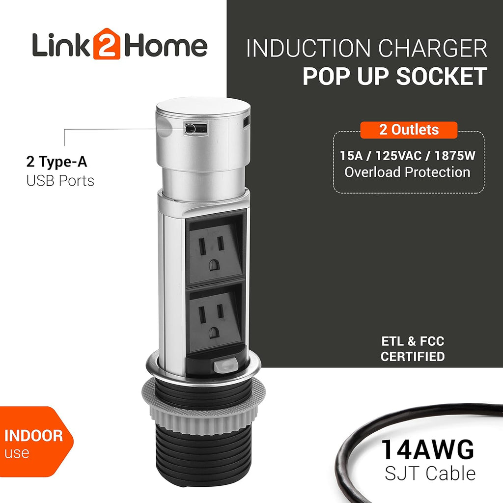 Link2Home Space Saver Pop Up-Outlet, 2 Power Outlets, 2 USB Ports 2.4 Amp, Overload Protection, Splash Resistant EM-PU-200E