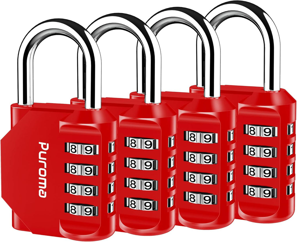 Puroma 4 Pack Combination Lock for Locker 4 Digit Outdoor Waterproof Padlock for School, Gym, Sports, Fence, Toolbox, Gate, Case, Outdoor, Hasp Storage, Cabinets (Red)