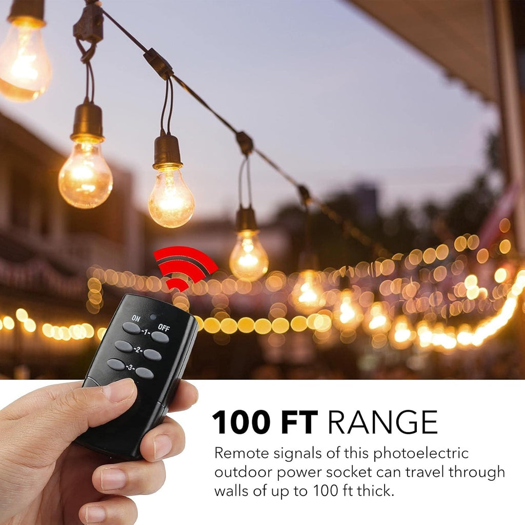 HBN Outdoor Indoor Wireless Remote Control 3-Prong Outlet Weatherproof Heavy Duty 15 A Compact 1 Remote 3 Outlets with Remote 6-inch Cord 100ft Range ETL Listed (Battery Included)