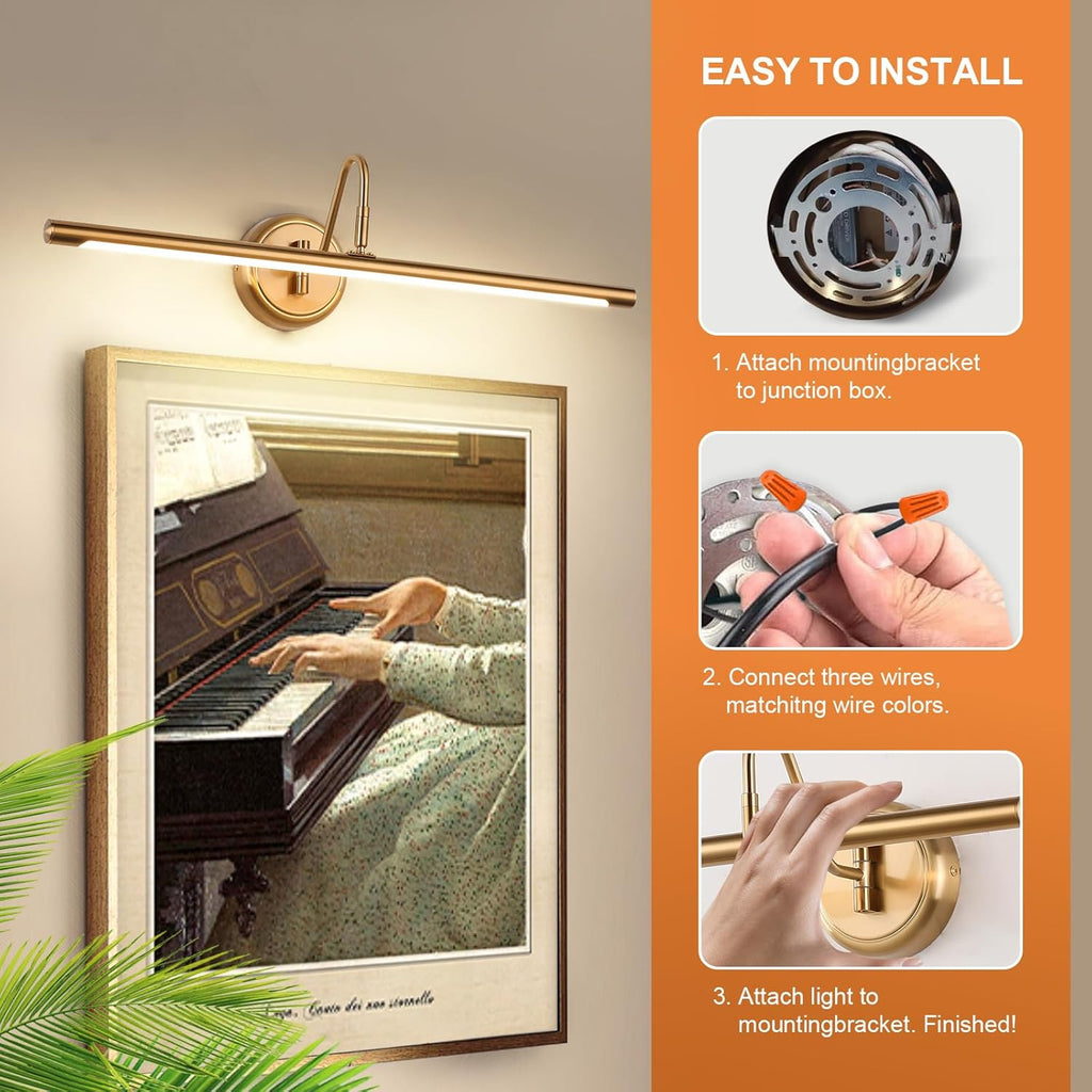 JOOSENLUX Dimmable Led Picture Lights 24.4'' Brass Golden-Like Hard-Wired Display Lighting for Paintings with Swing Arm Wall Mount Brief Metal Artwork Hallway Sconce Lamps 14W Warm White 3000K