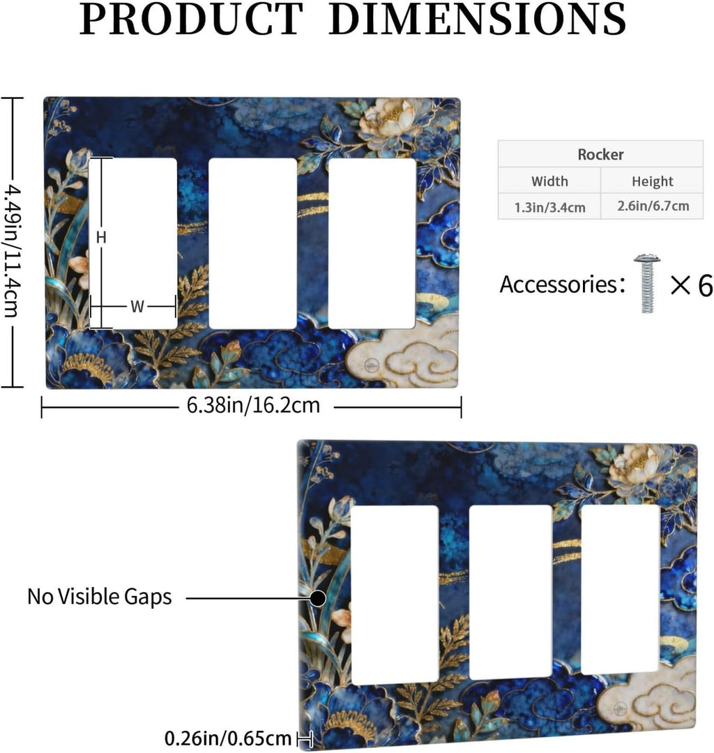 Decorative Outlet Covers Blue White Flower Gold Line Cloud 3 Gang Light Switch Cover Plate Triple Rocker Wall Plates for Electrical Outlets Switch Plate Covers for Bedroom Home Decor