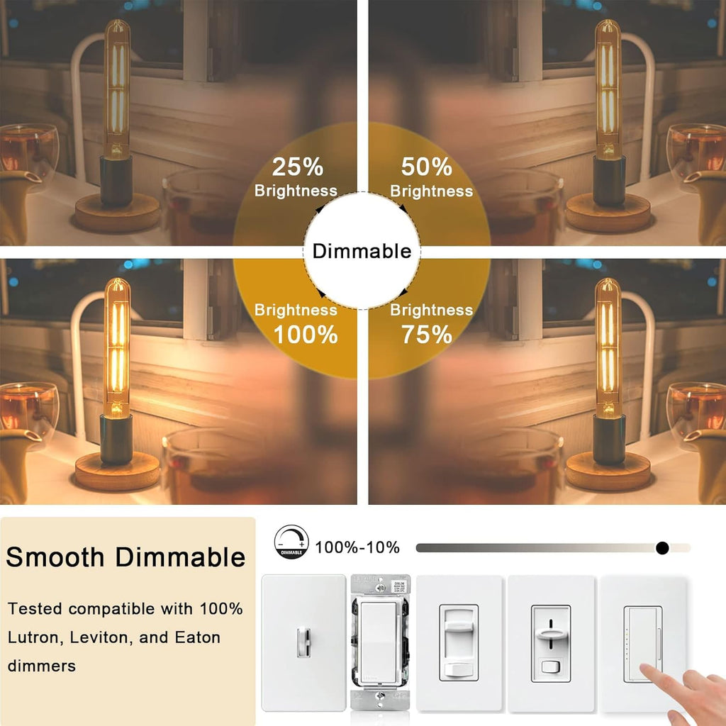 7.3 Inch E26 Led Bulb 6W Dimmable, 2700K Soft White Edison Bulbs 800LM, Equal 80 Watt Tubular T10 T9 Long Clear Glass Light Bulb for Rustic Pendant Industrial Pipe Wall Sconces - 2Pack