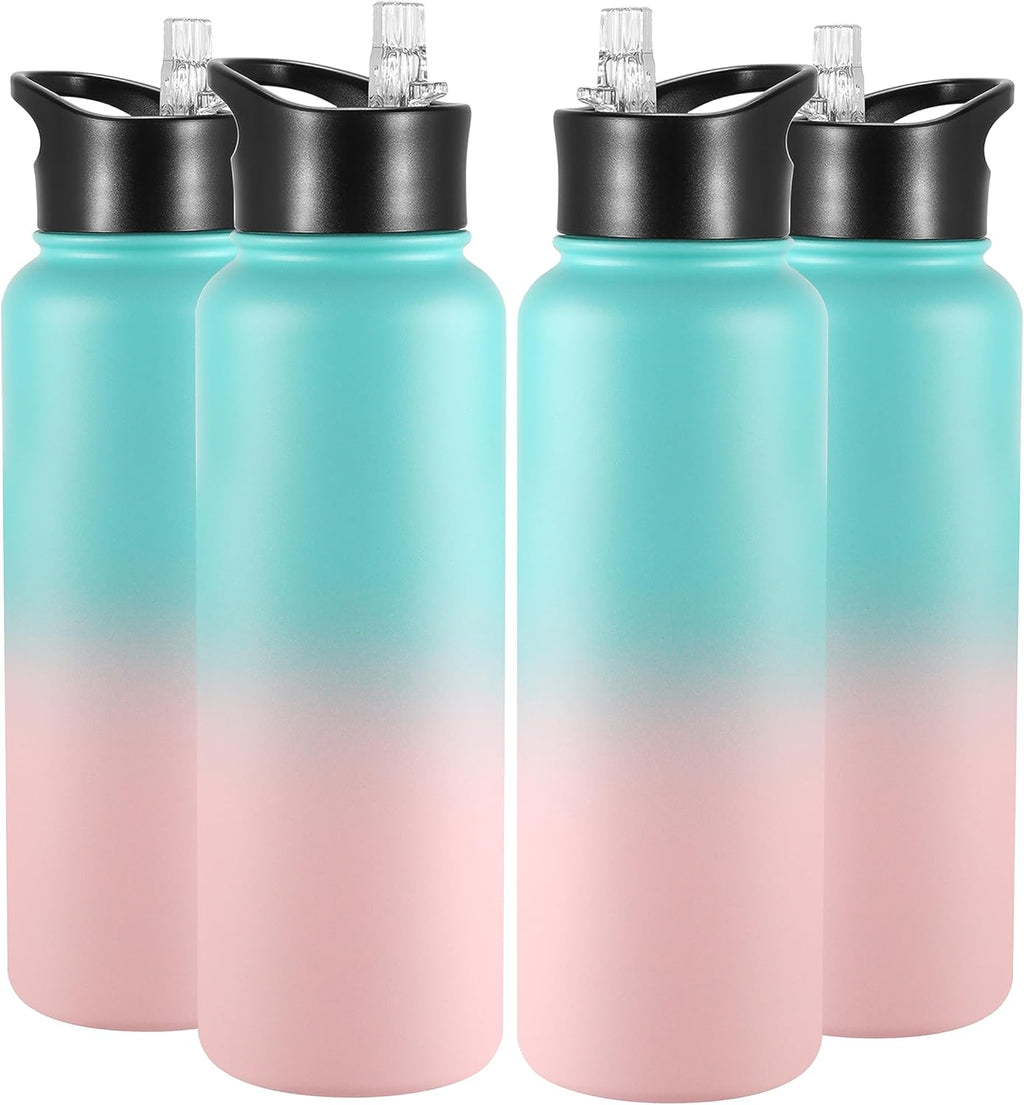 VEGOND 40 oz Insulated Water Bottle Bulk Stainless Steel Metal Water Bottles with Leak Proof Straw Lid & Spout Lid, Wide Mouth Double Walled Vacuum Travel Sports Bottle, 4 Pack